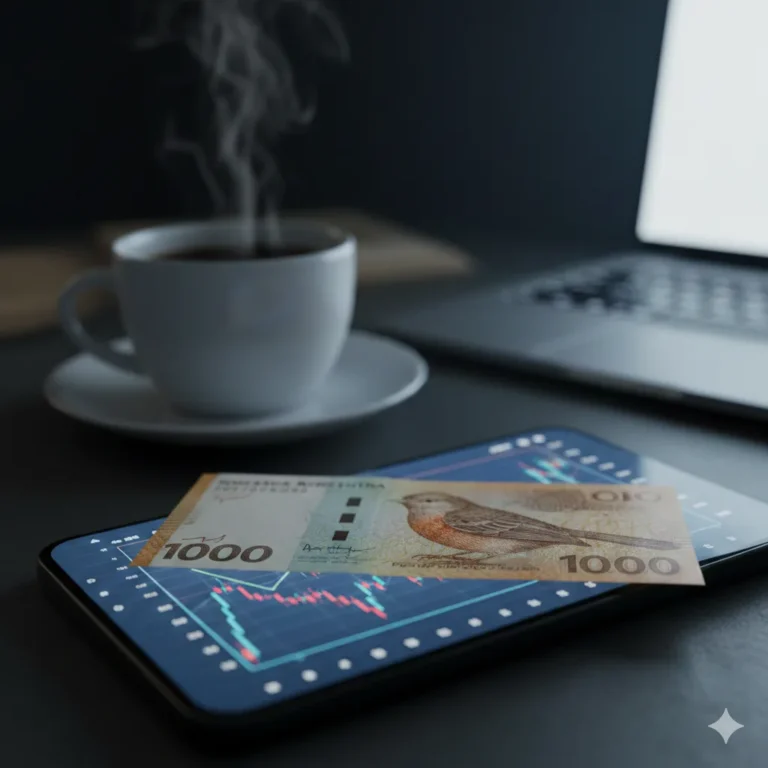 Billete de mil pesos argentinos sobre pantalla con gráficos financieros