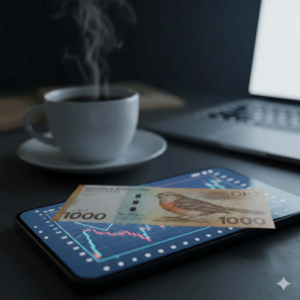 Billete de mil pesos argentinos sobre pantalla con gráficos financieros