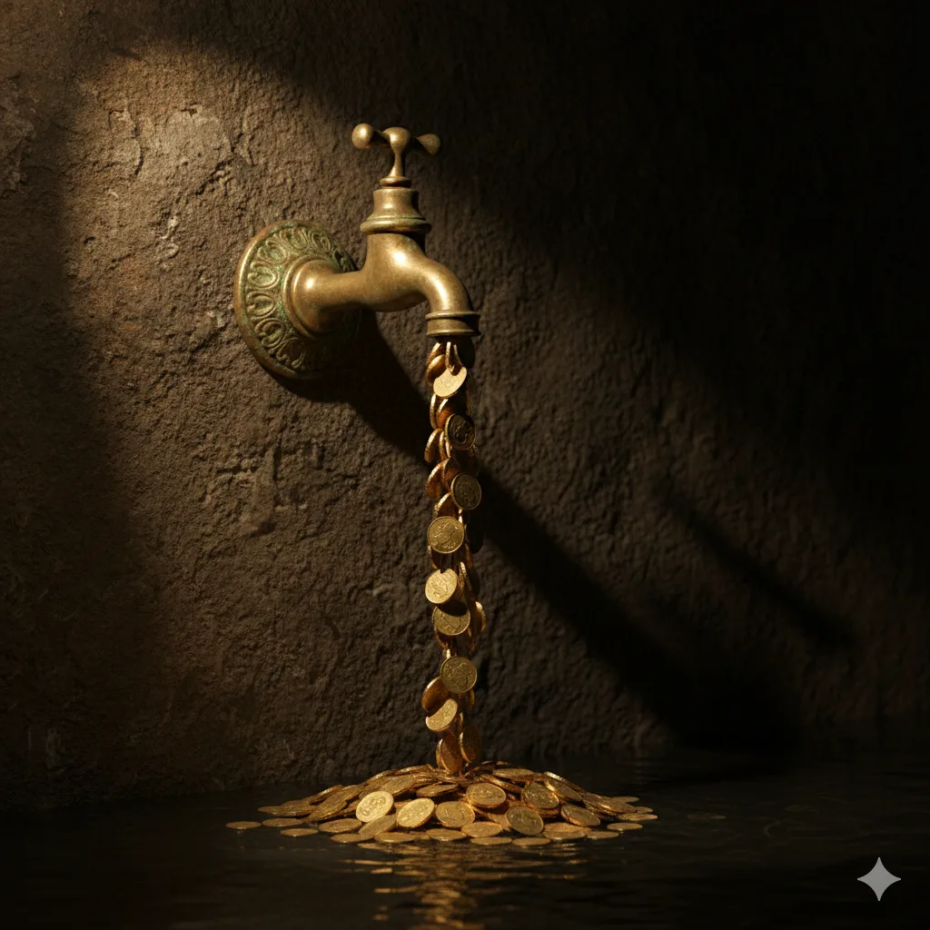 Grifo de agua antiguo goteando monedas de oro