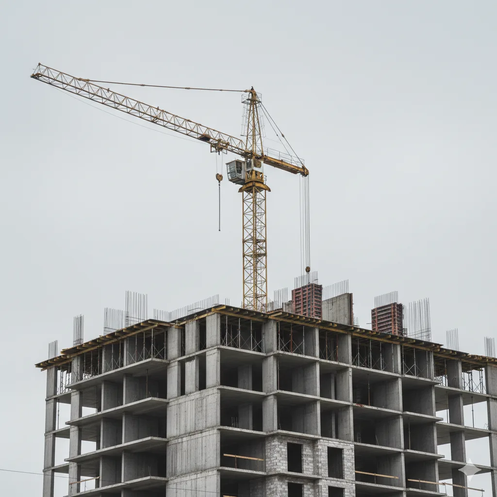 Grúa de construcción detenida frente a un edificio a medio terminar