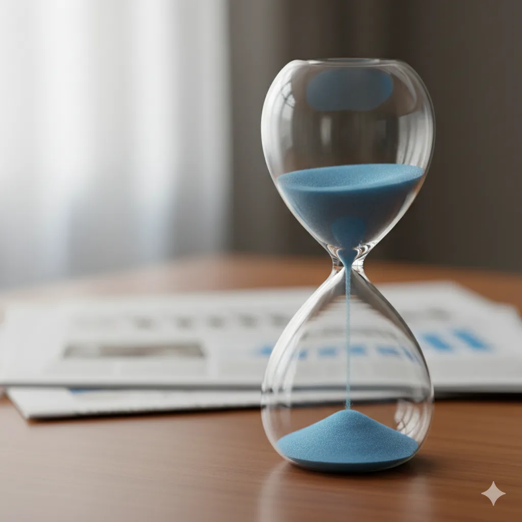 Reloj de arena con arena de color celeste y blanco