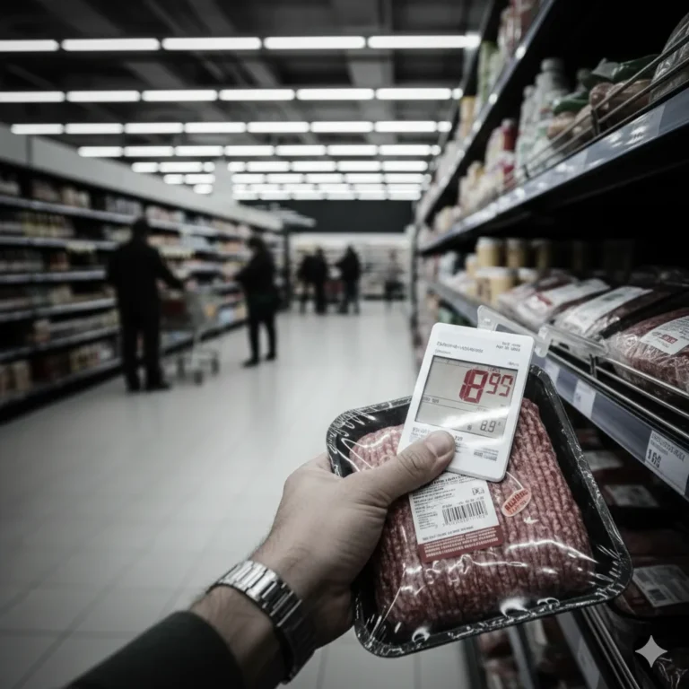 Góndolas de supermercado con pocos clientes y carteles de precios