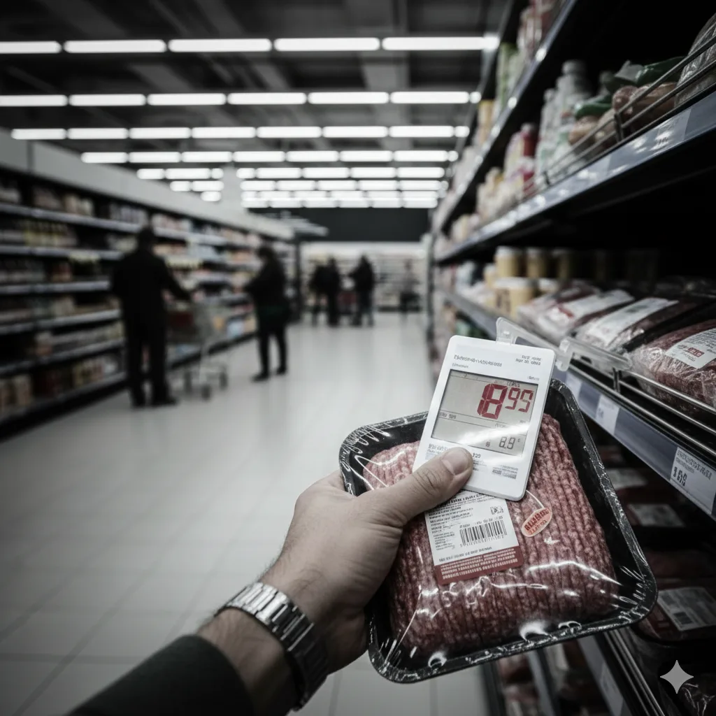 Góndolas de supermercado con pocos clientes y carteles de precios