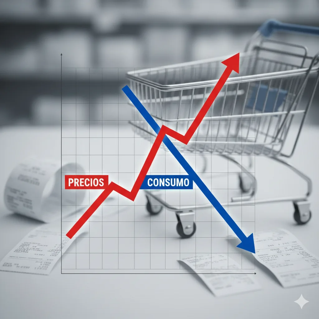Gráfico conceptual de precios subiendo y consumo bajando sobre fondo de tickets de compra