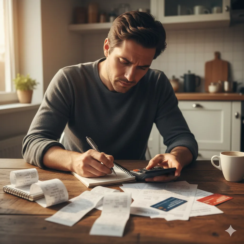 Persona calculando gastos domésticos con una libreta y una calculadora