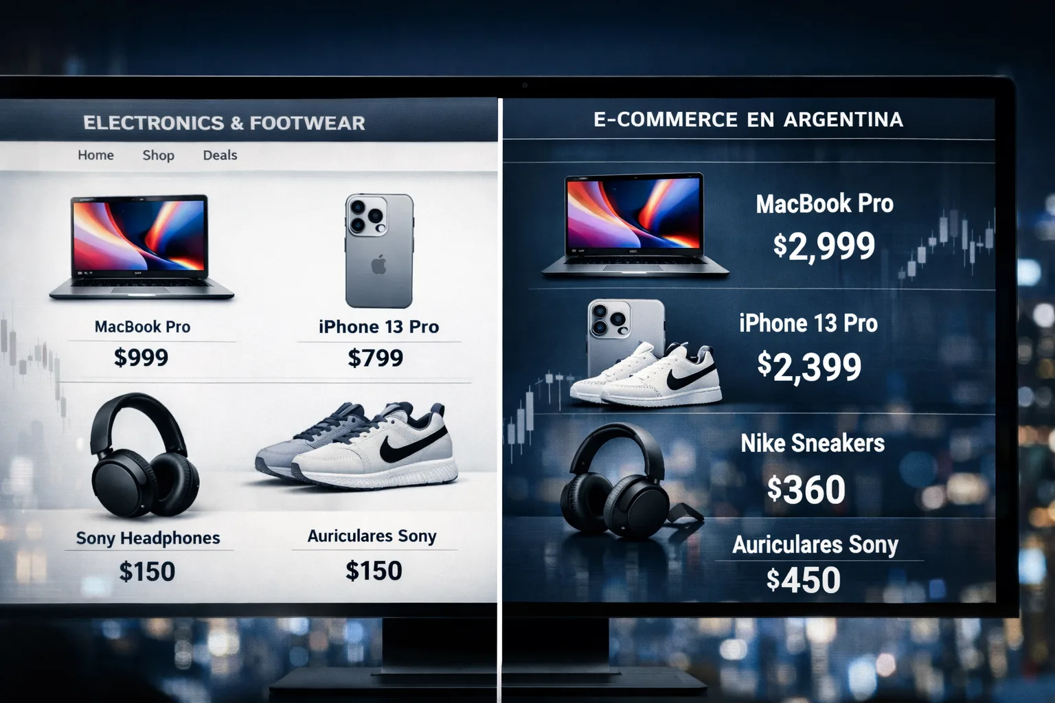 Captura de pantalla de un sitio de e-commerce comparando precios en dólares