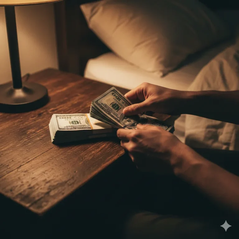 Persona contando dólares en una mesa de luz con luz tenue