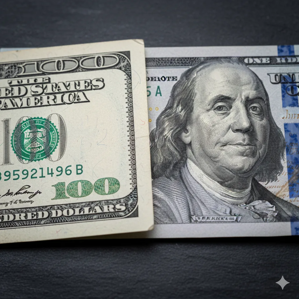 Billete de 100 dólares antiguo y nuevo comparados