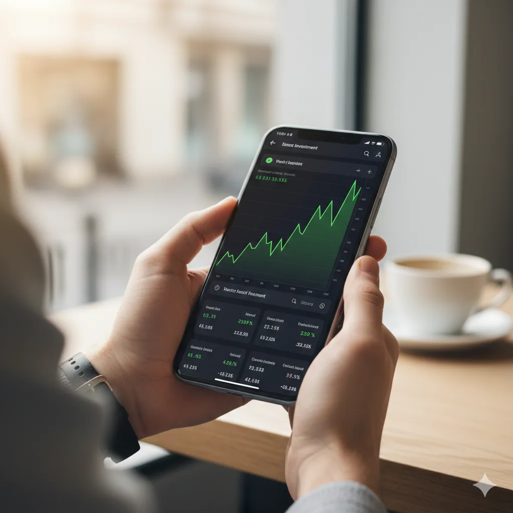 Smartphone mostrando una aplicación de inversiones con gráficos verdes
