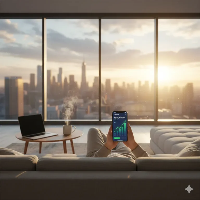 Persona mirando la pantalla de un celular con gráficos financieros simples