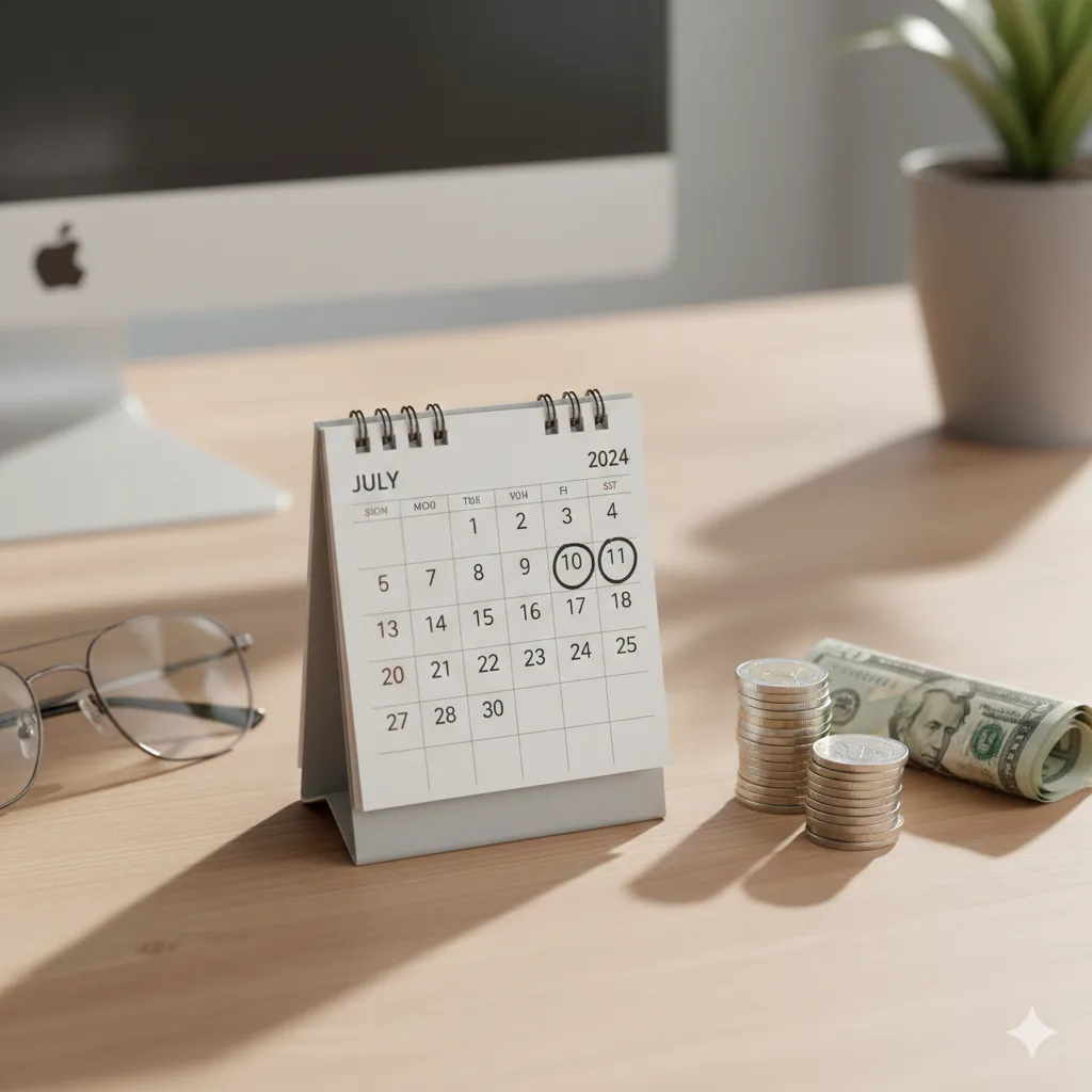 Calendario de escritorio con días marcados y una pila de monedas al lado