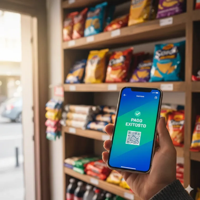 Persona pagando con celular en un kiosco