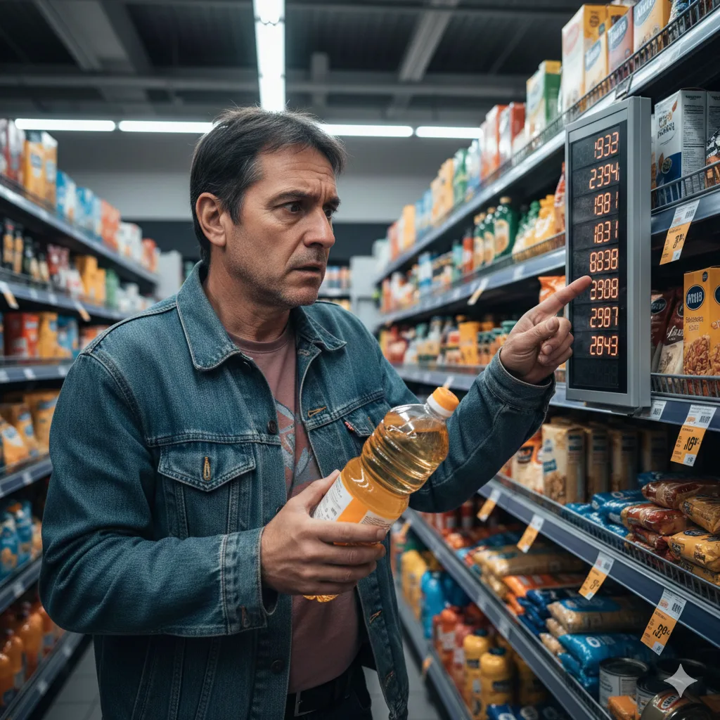 Persona estresada mirando precios en un supermercado