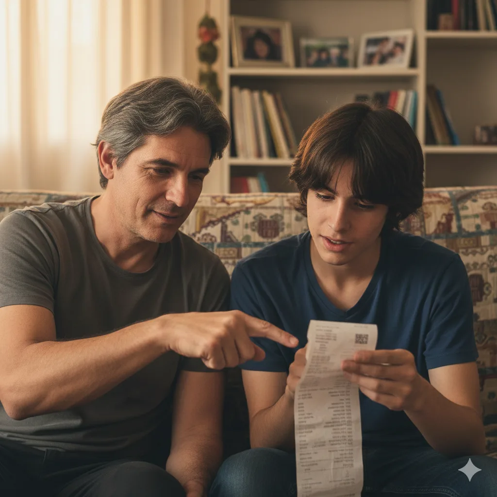 Hijo y padre mirando tickets de compra juntos