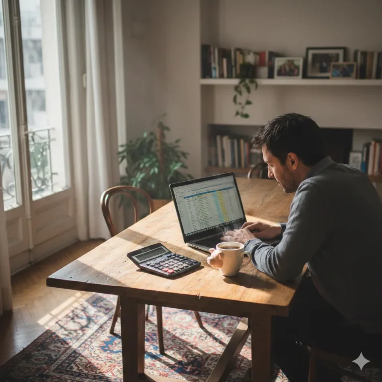 Persona revisando cuentas en una mesa con un café y una alcancía