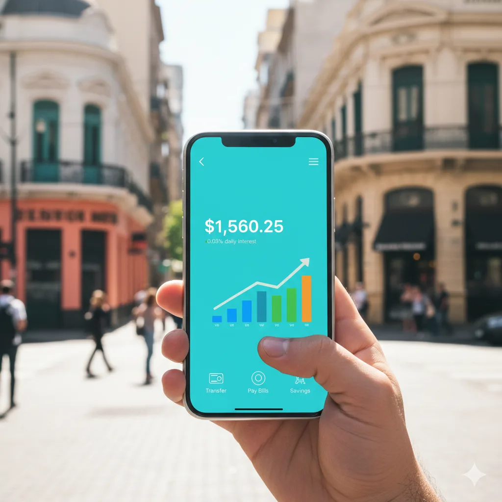 Smartphone mostrando una aplicación de billetera virtual con saldo y gráficos