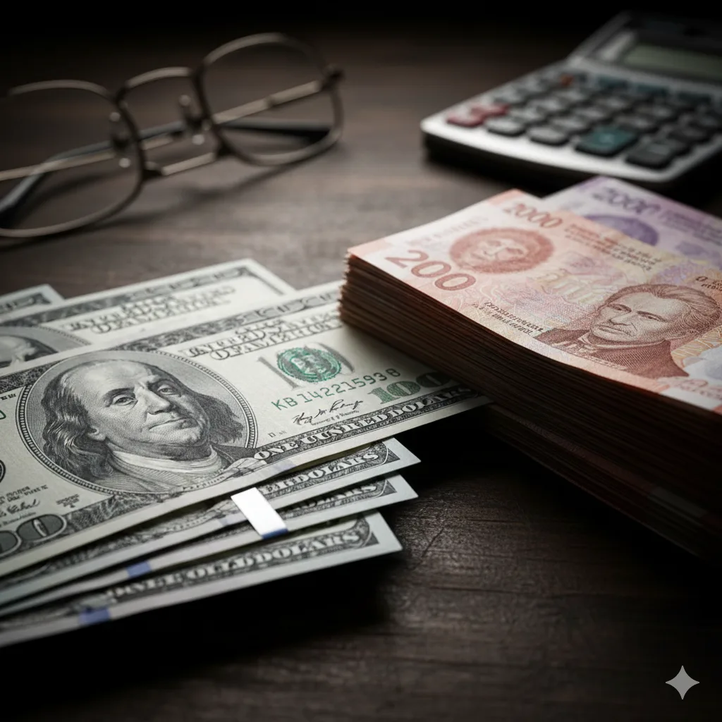 Billetes de dólares y pesos argentinos sobre una mesa de madera