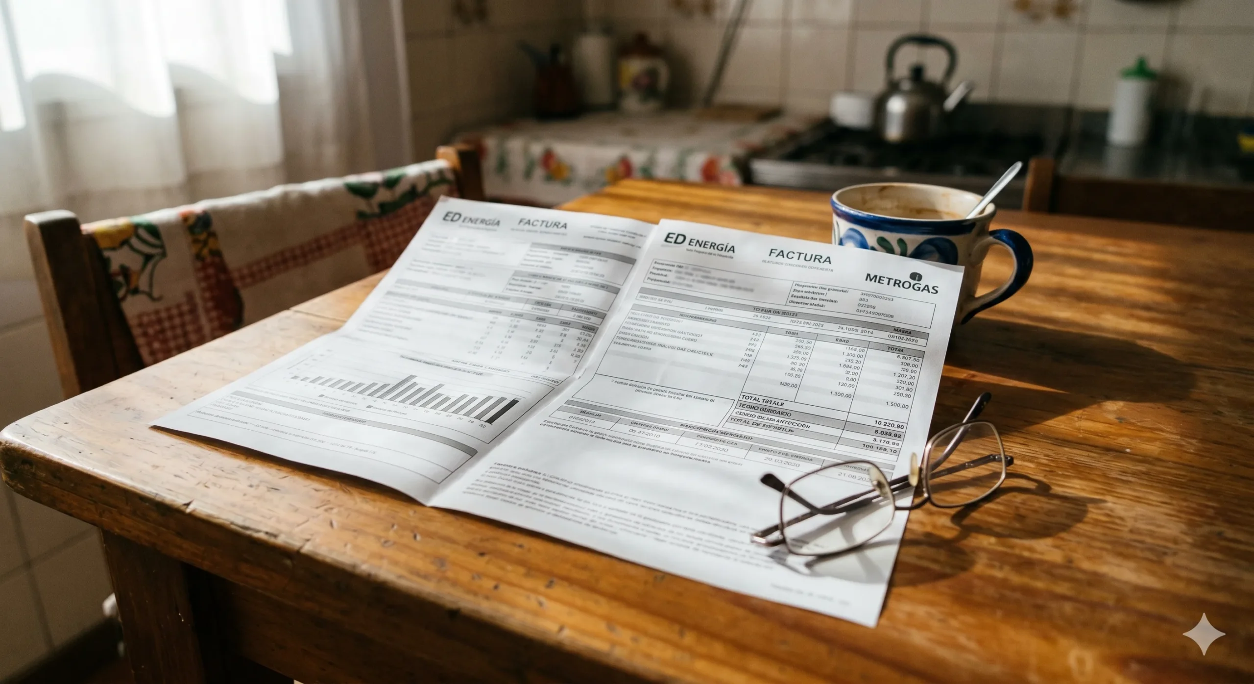 Factura de servicios públicos abierta sobre una mesa de cocina argentina