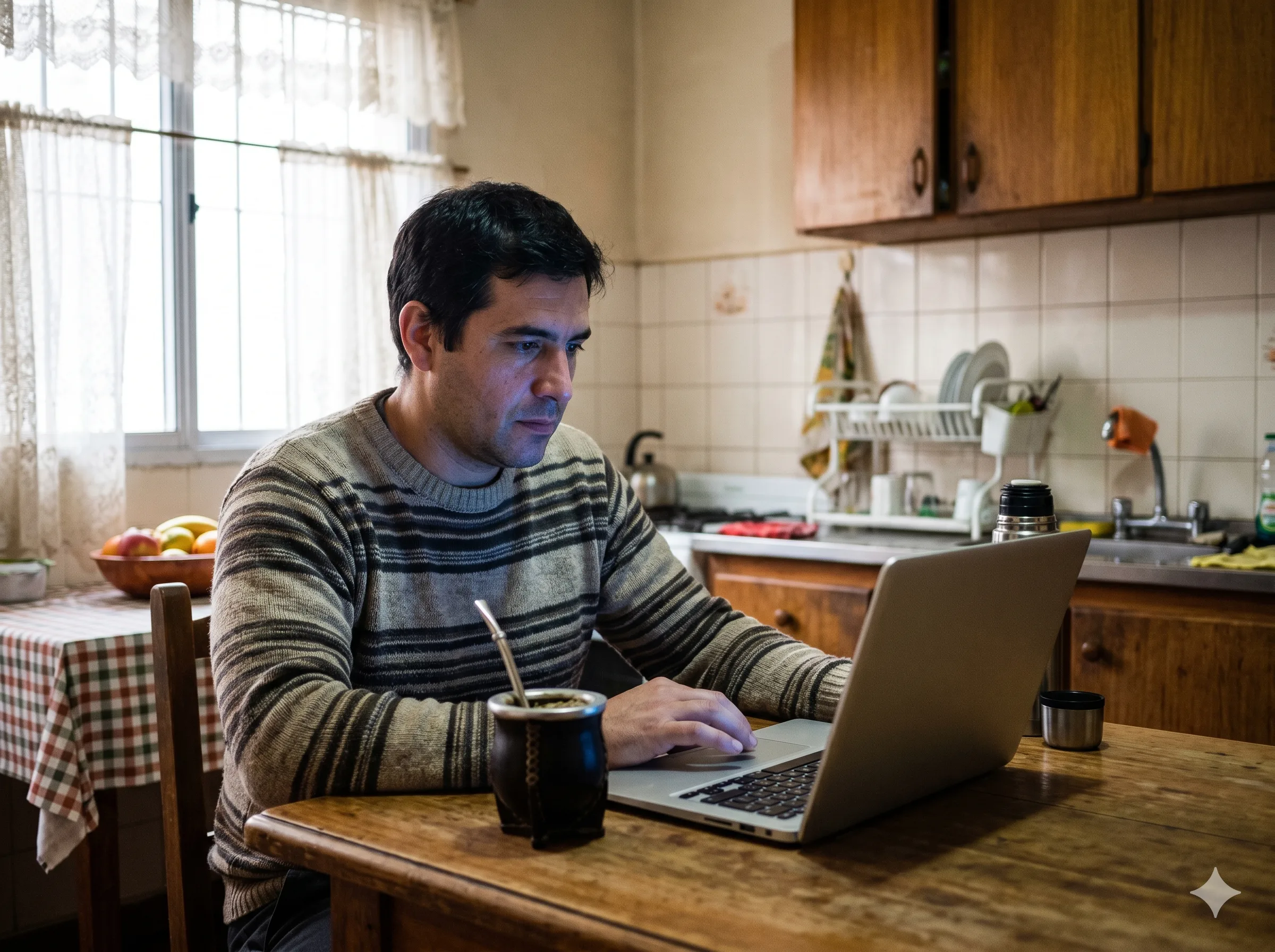 Persona completando formulario oficial en una notebook desde una cocina