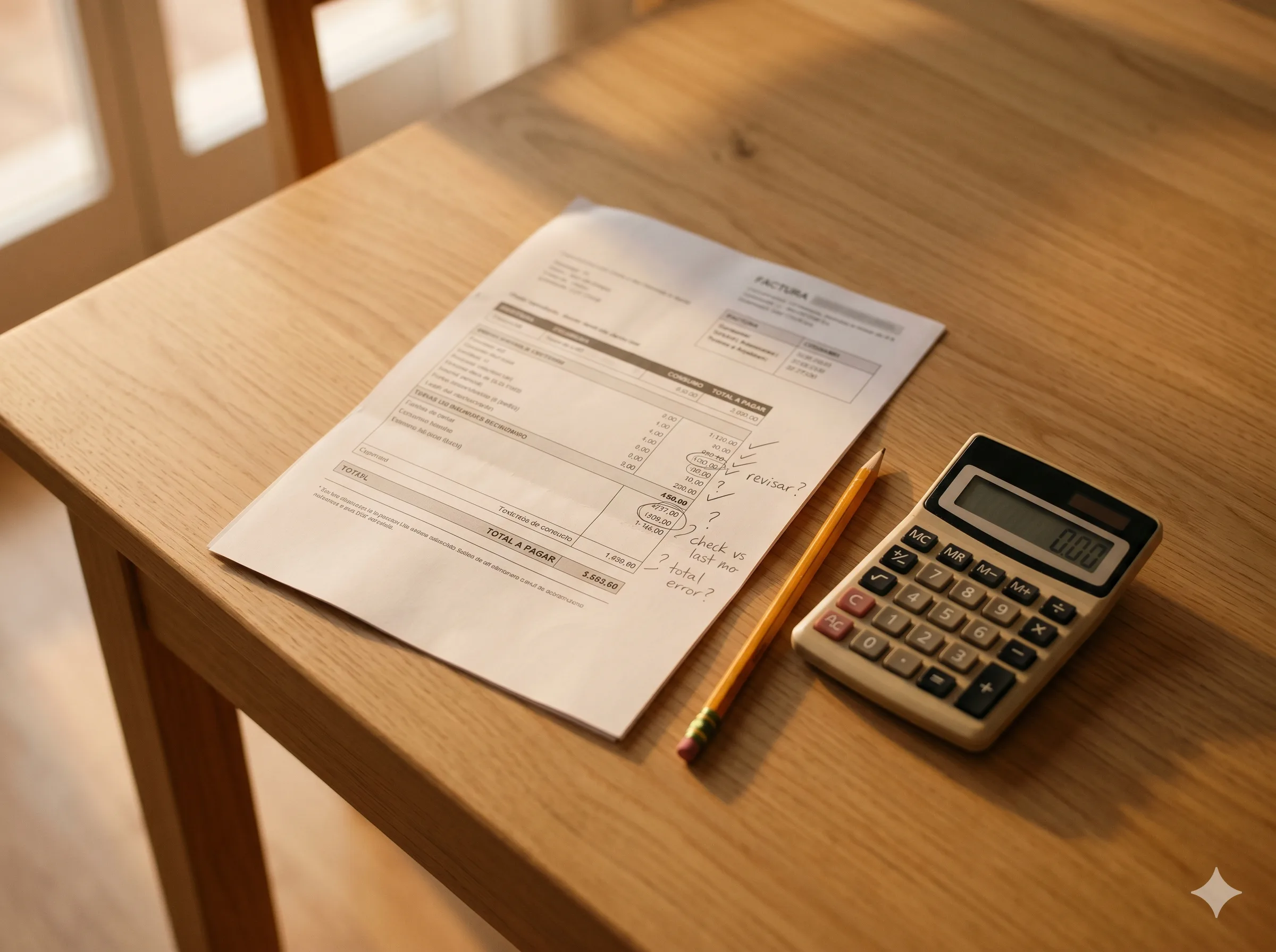 Calculadora y factura abiertas sobre una mesa de madera