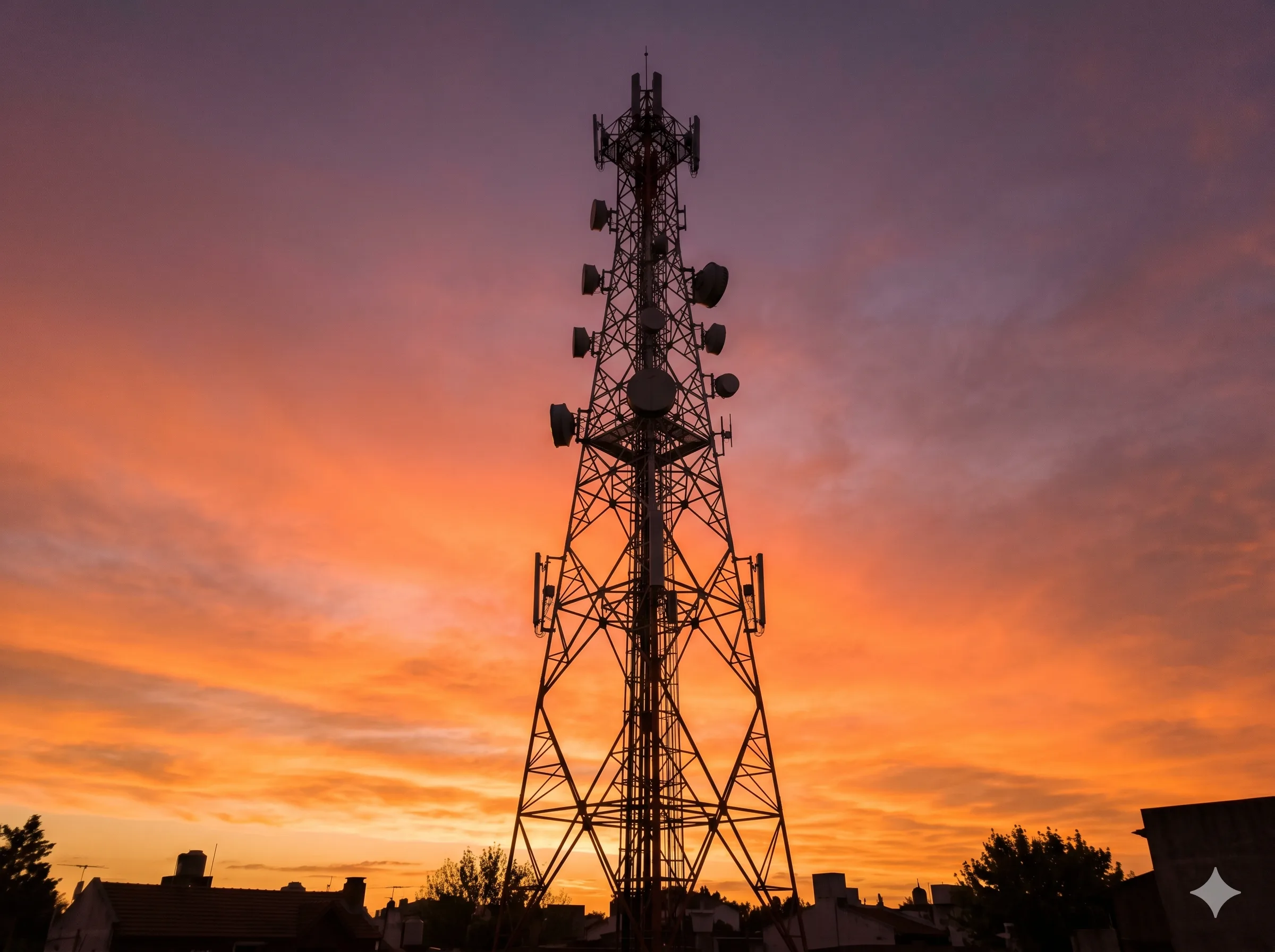 Antena de telefonía móvil al atardecer sobre el cielo argentino