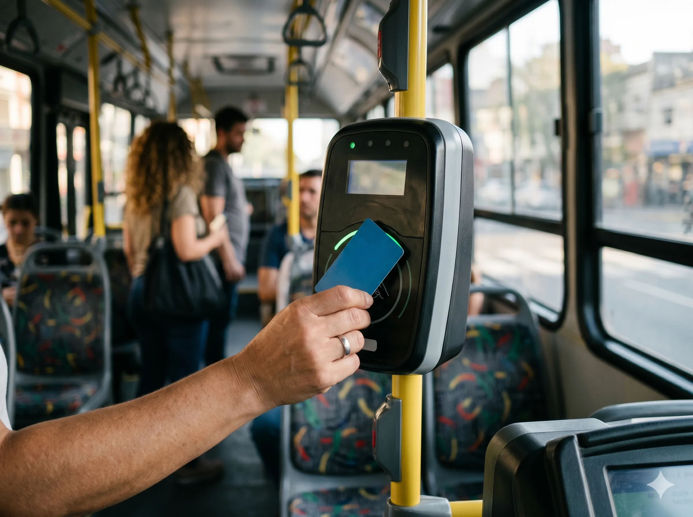 Persona apoyando tarjeta SUBE en validador de colectivo