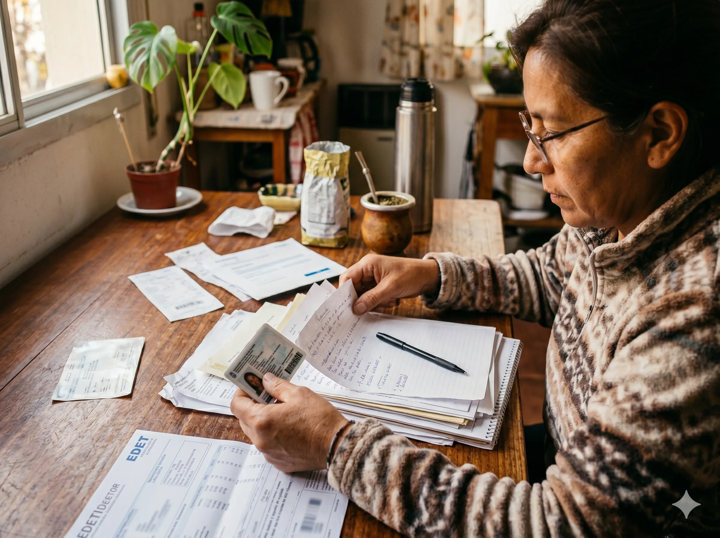 Persona organizando documentos personales sobre escritorio