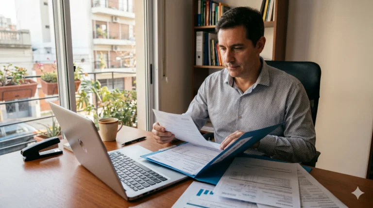 Persona organizando documentos y carpetas con facturas frente a una notebook