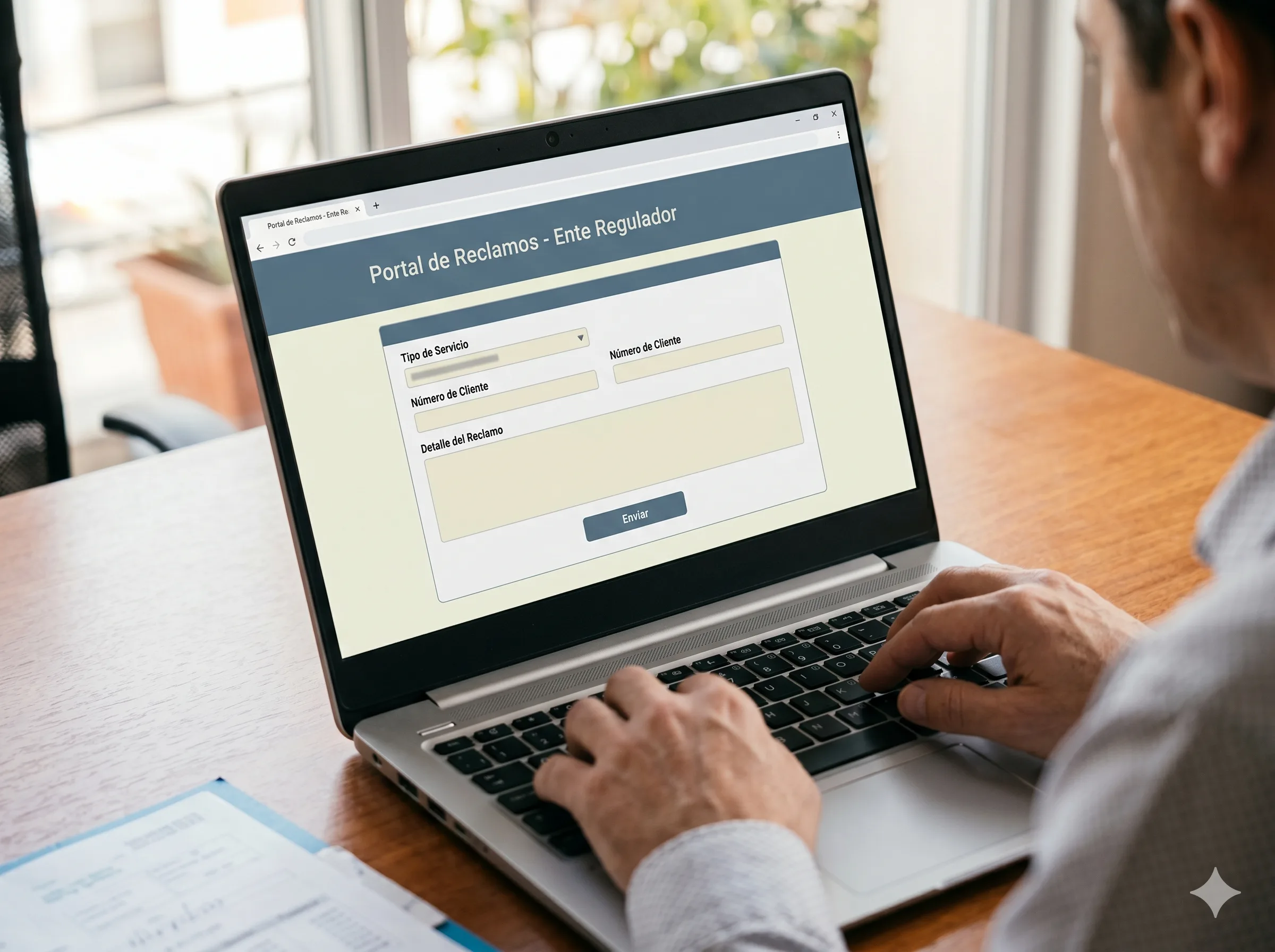 Computadora mostrando una página web oficial con formulario de reclamo