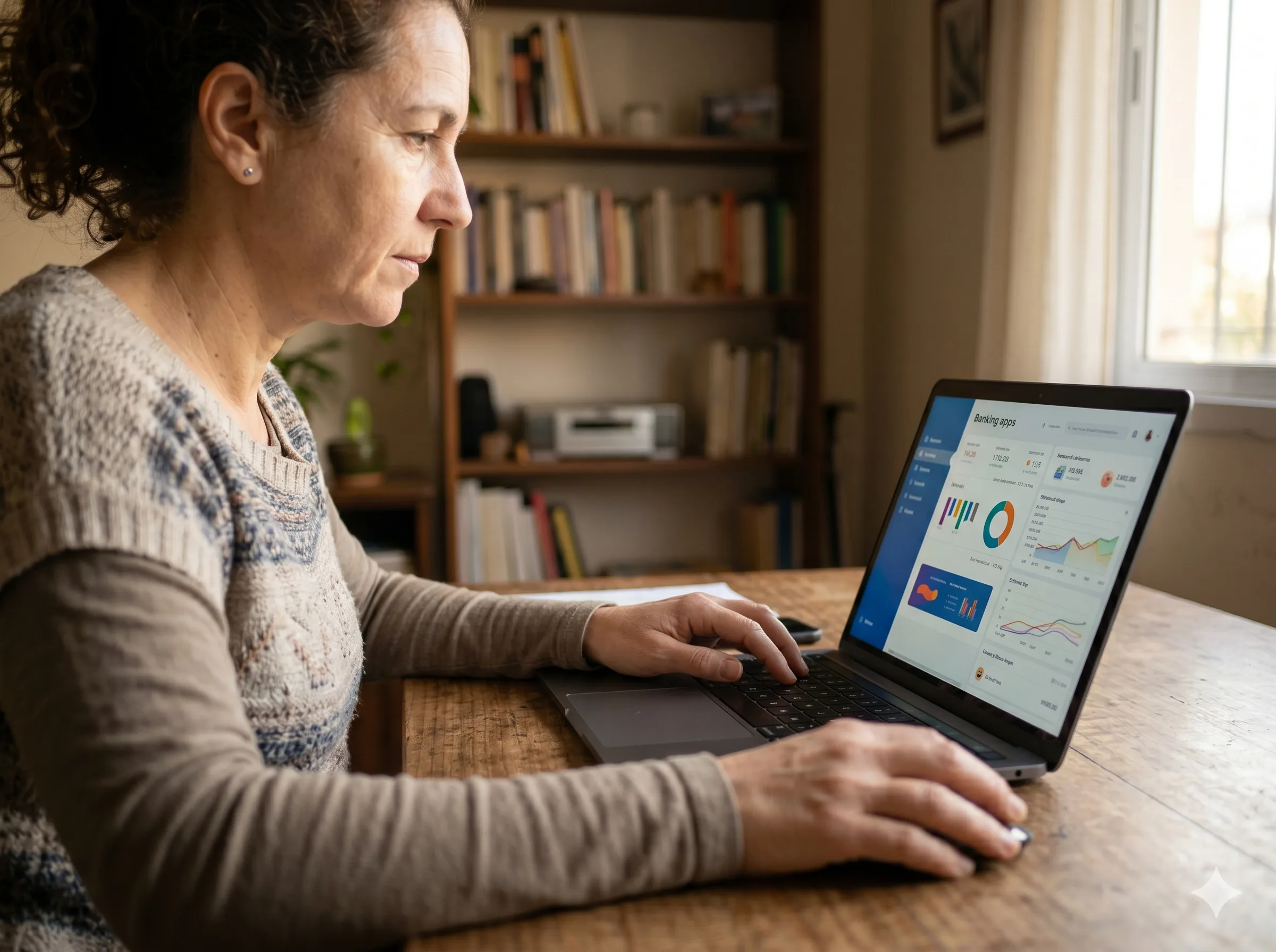 Persona usando computadora portátil con app bancaria abierta y libreta de notas al costado