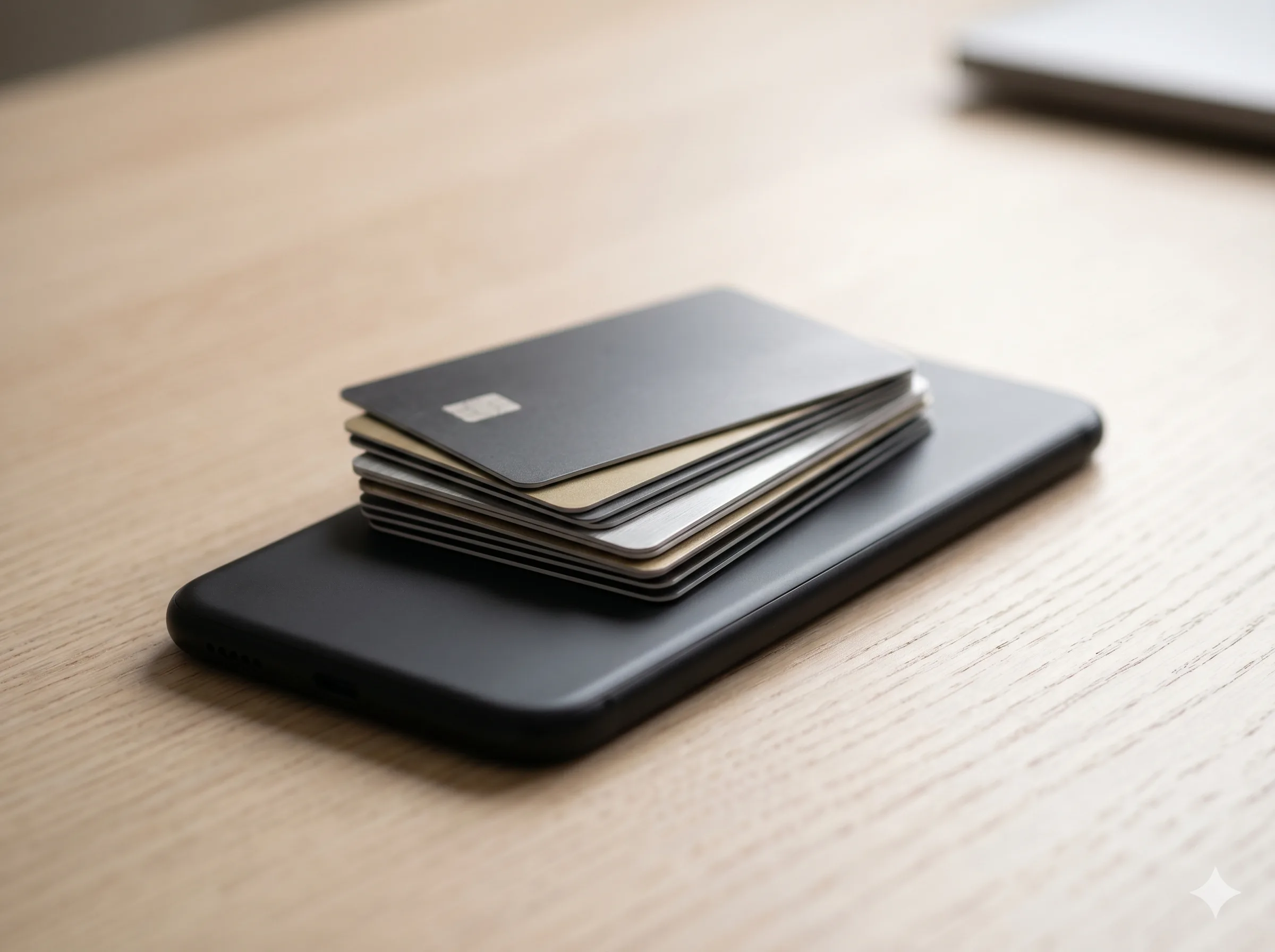 Tarjetas de crédito apiladas sobre teléfono celular en mesa