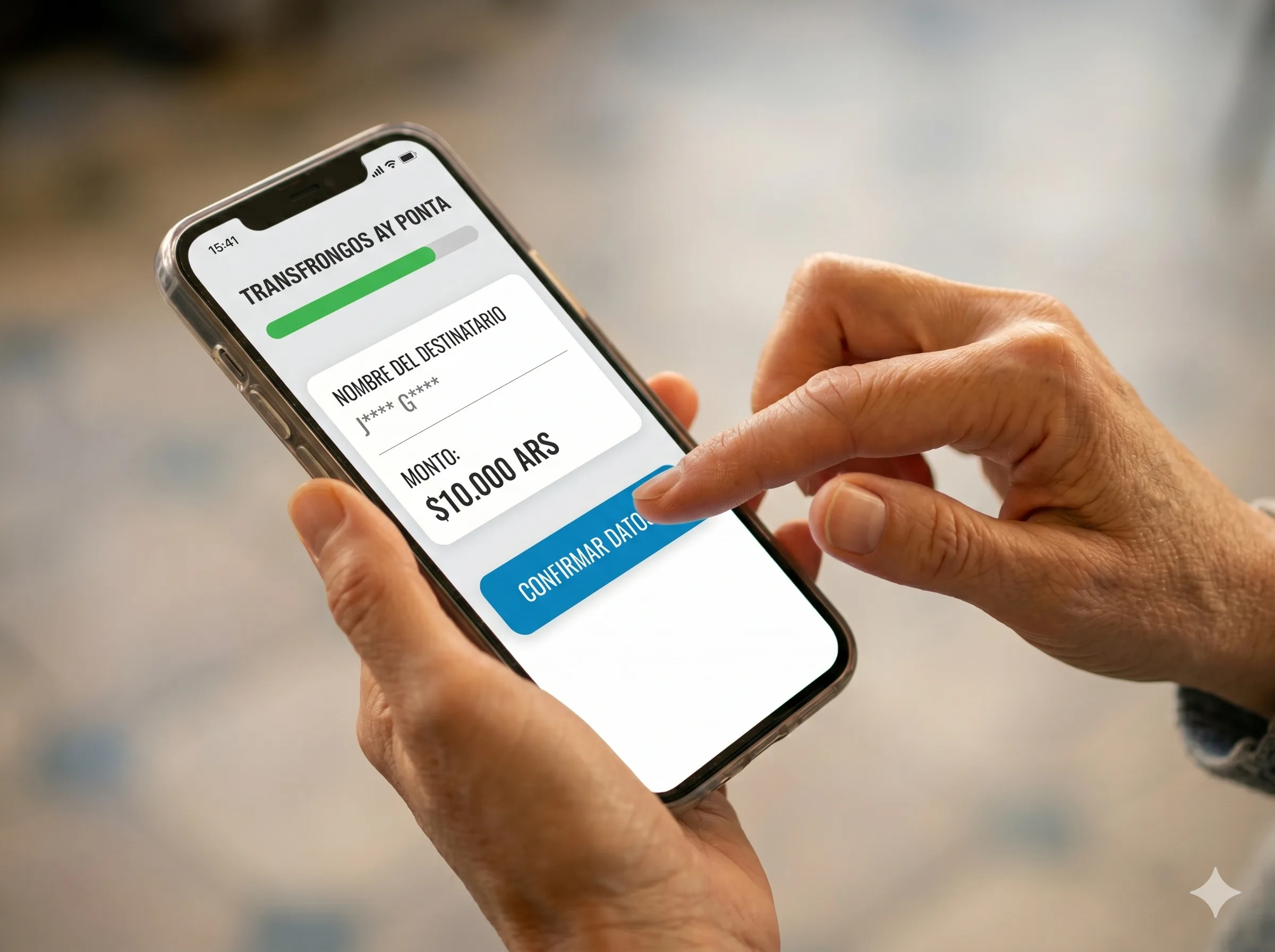 Pantalla de celular mostrando confirmación de datos del destinatario de una transferencia