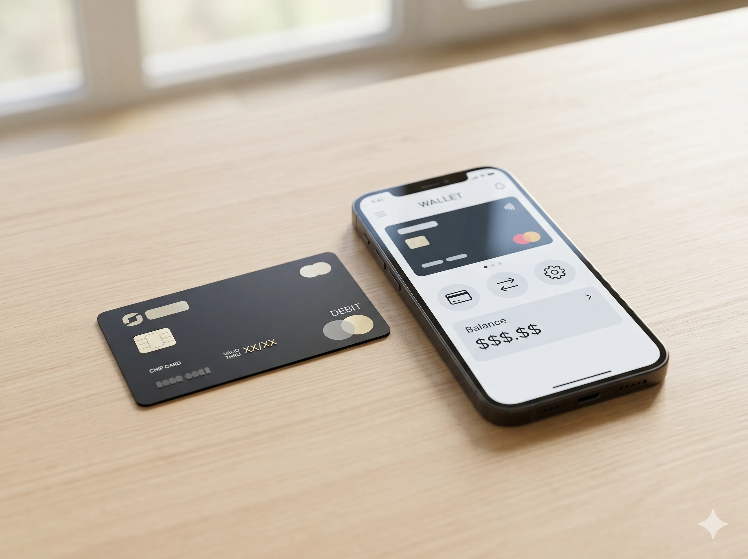 Tarjeta de débito y celular con app de billetera sobre una mesa