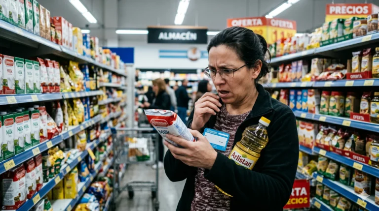 Persona mirando el precio de un producto en la góndola de un supermercado
