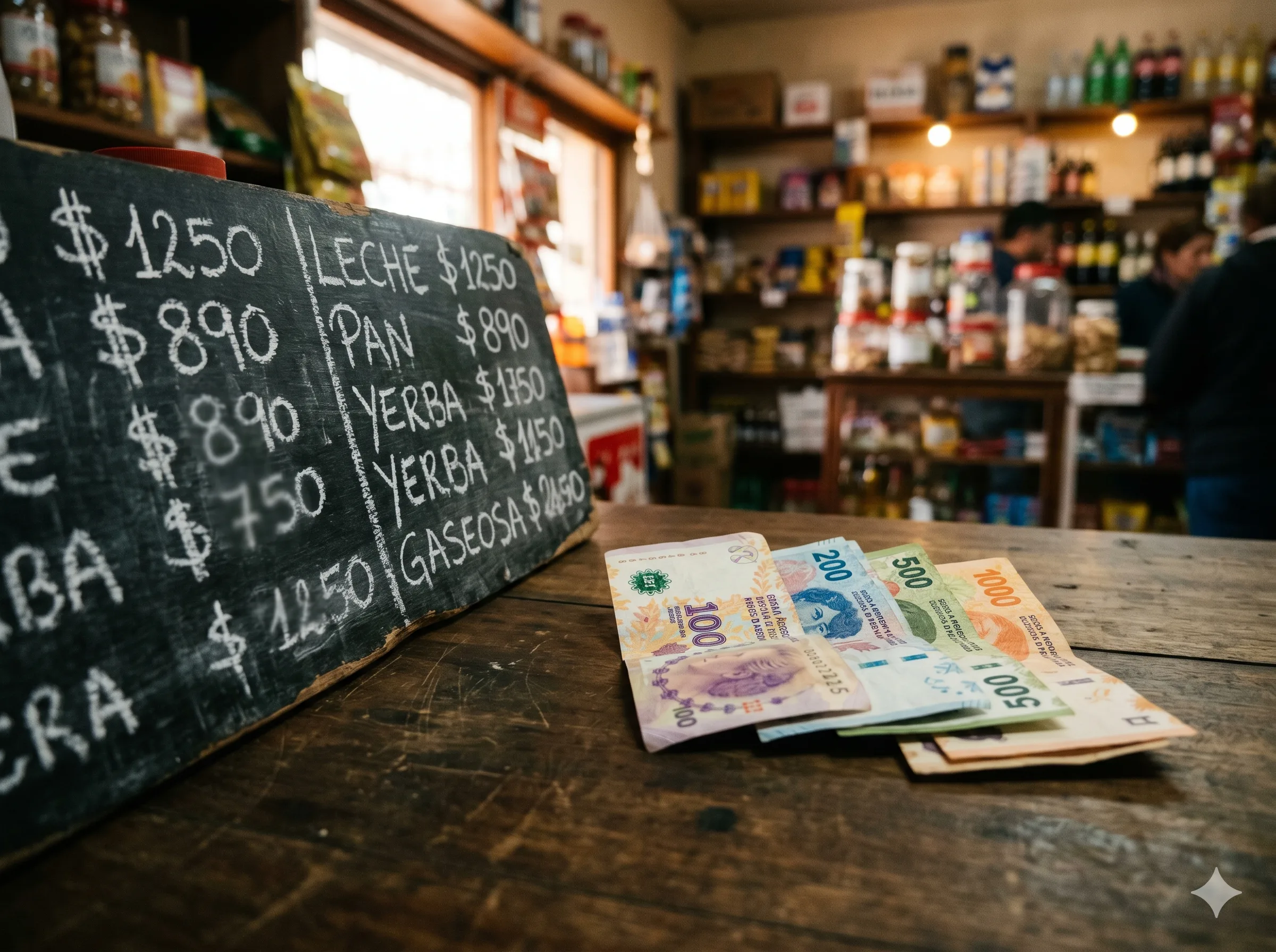Billetes de pesos y un cartel de precios en un comercio