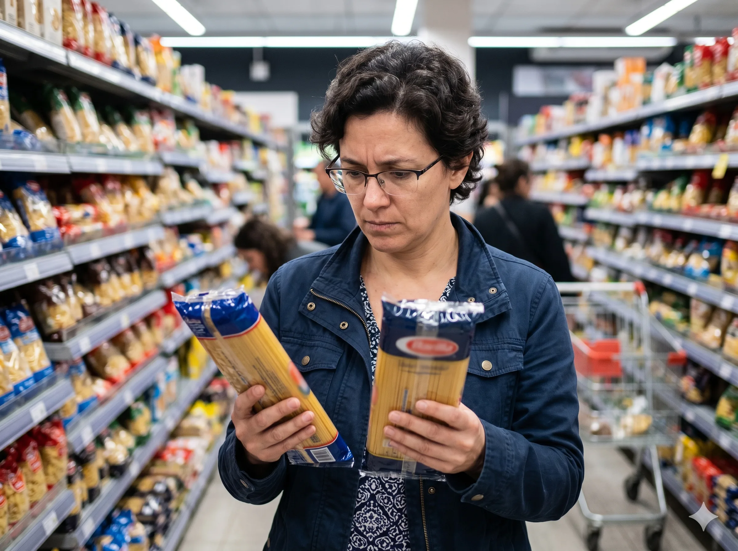 Persona comparando dos productos y sus precios en el supermercado