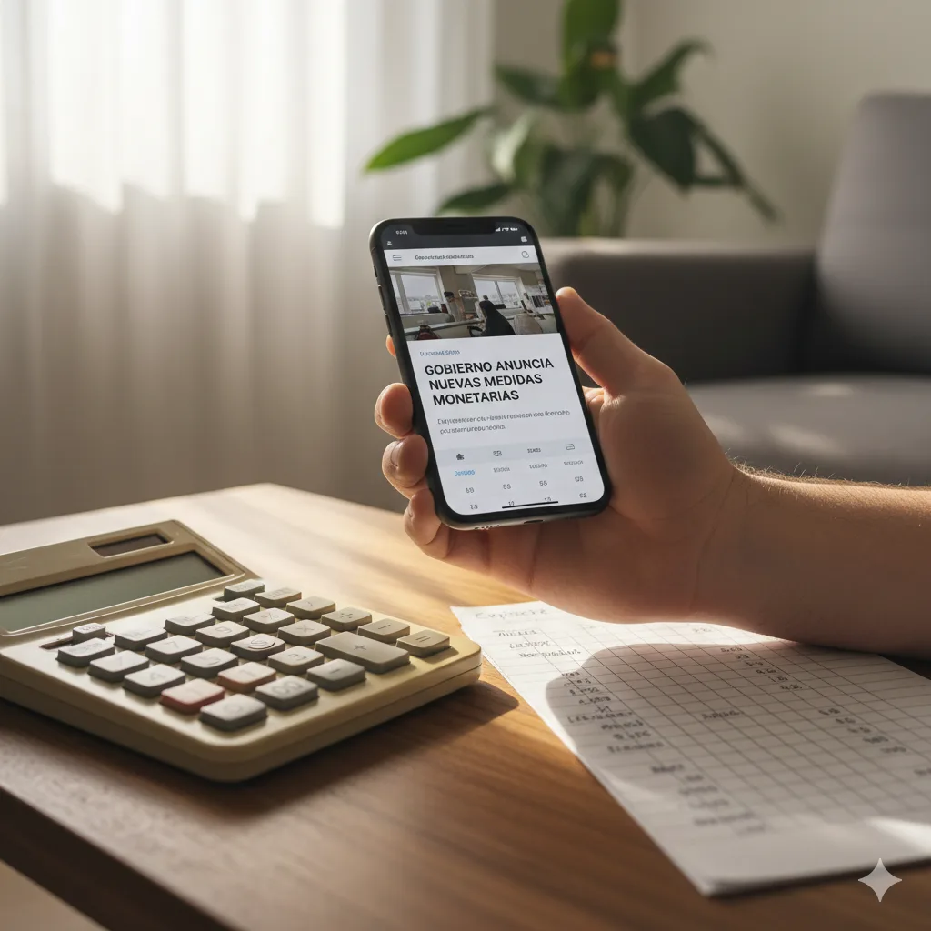 Persona revisando datos económicos en una notebook con una libreta al lado